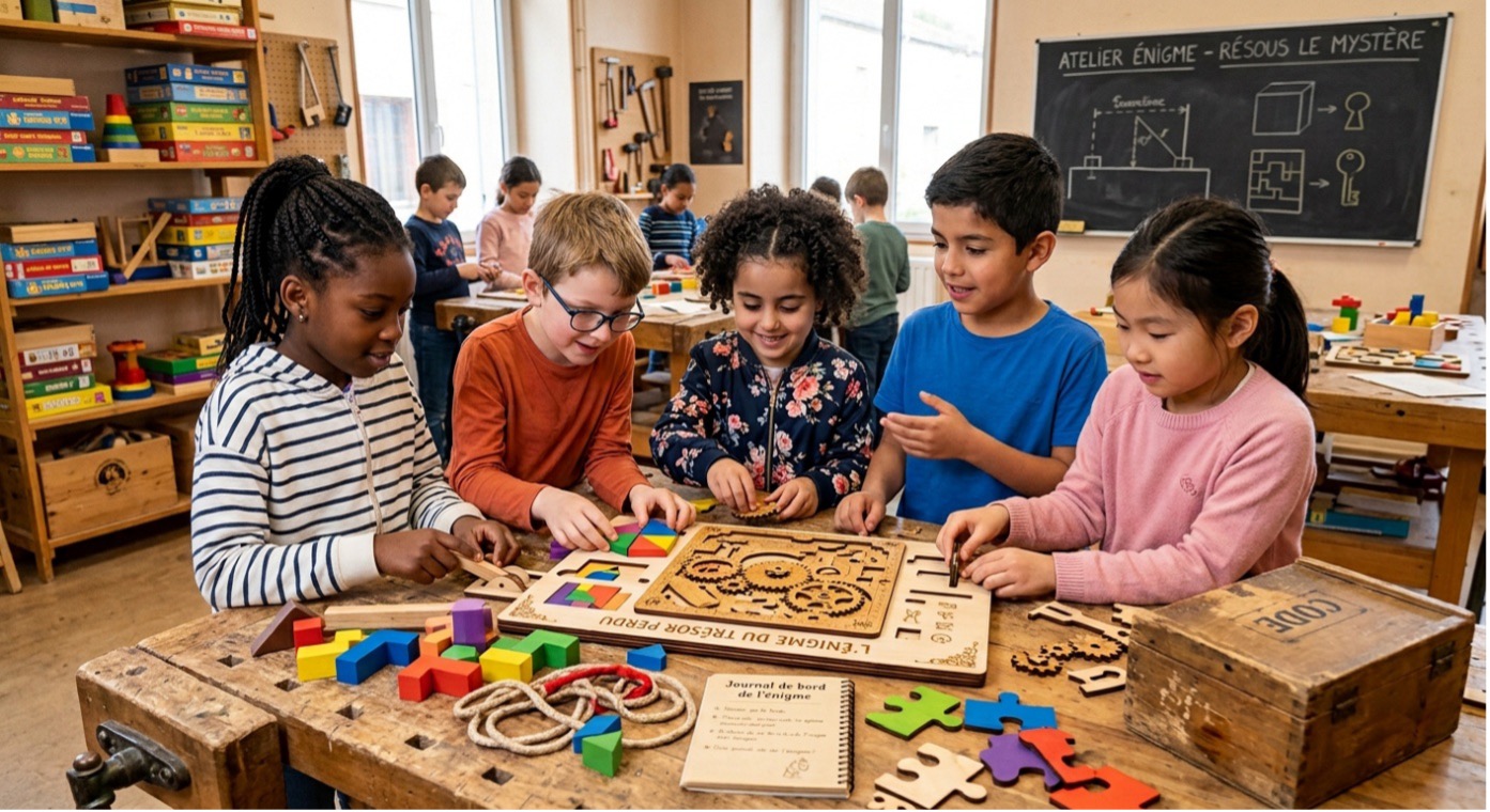 Photorealistic image of children aged 8 to 12 in a classroom solving enigmas